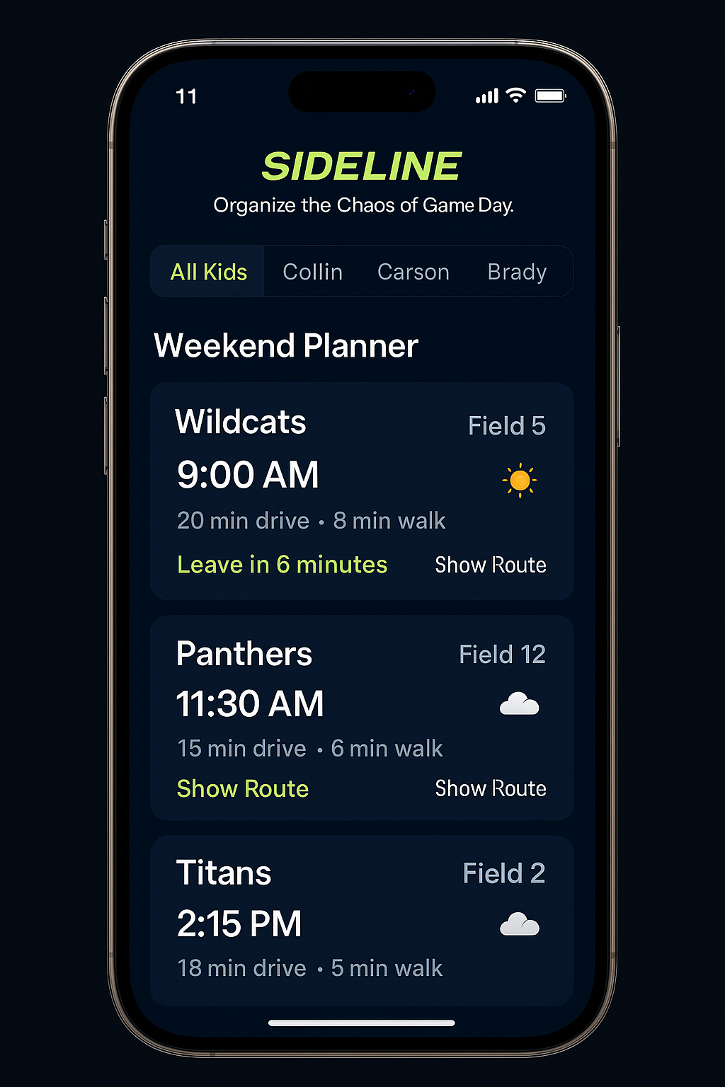 SIDELINE app screens